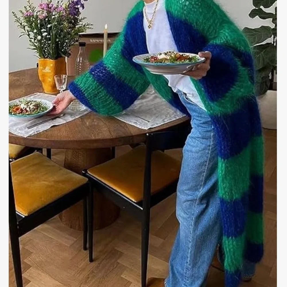 Blue and Green Striped Knit Long Cardigan - Picture 2 of 5